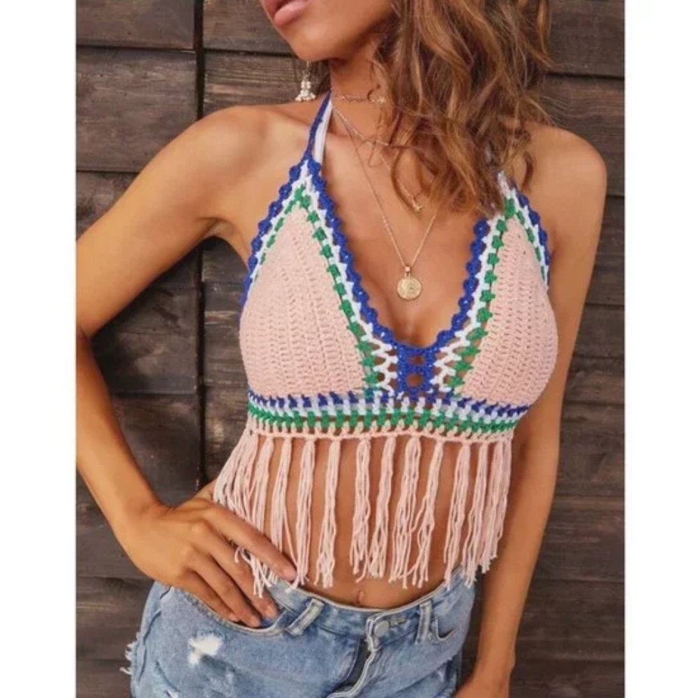 Crochet Halter Top/Cover-Up Fringe Hem BoHo Festival Shein Curve Size 1XL NWOT